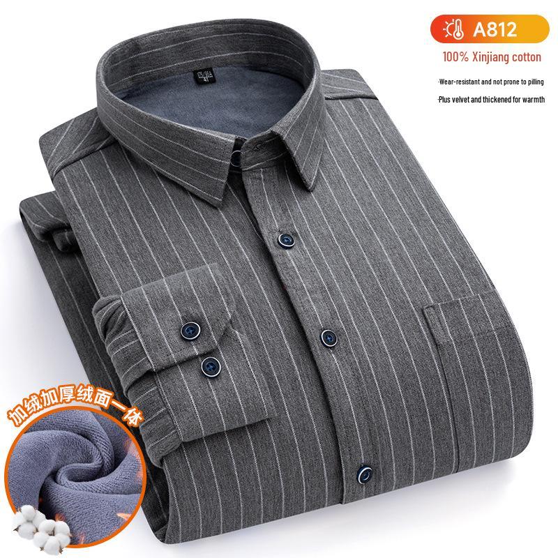 New Plus Size Velvet-Lined Men's Pure Cotton Plaid Shirt - Warm, Thickened for Autumn/Winter Cold Protection