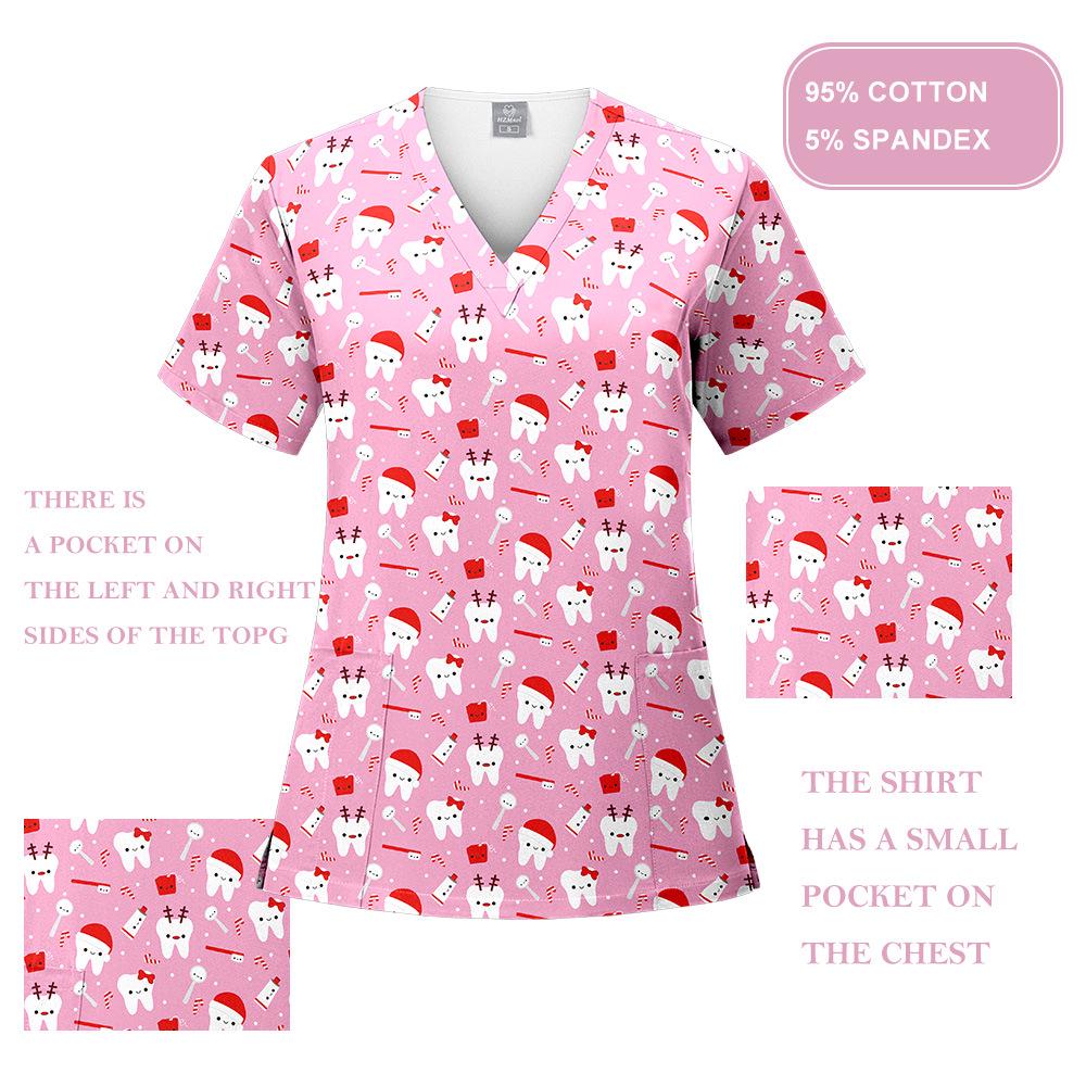 V-Neck Short Sleeve Printed Scrub Suit for Dental Clinics and Hospitals