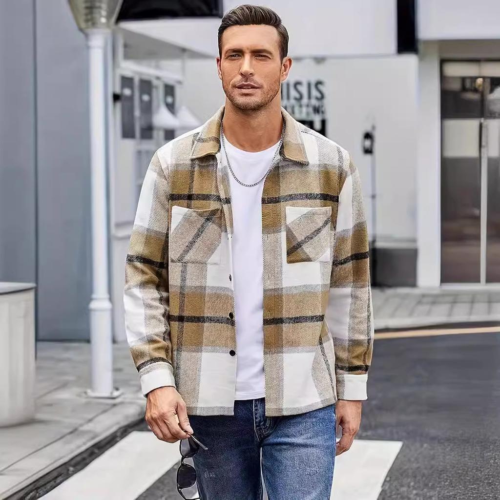 Men's Cropped Trendy Loose-fit Plaid Woolenovercoat Jacket Casual Scene Fashionable Youth Fashion Overcoat