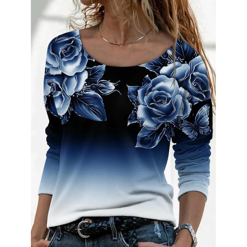 Women's Floral Print Gradient Long Sleeve Top Casual Crew Neck 3D Rose Print Tunic Shirt