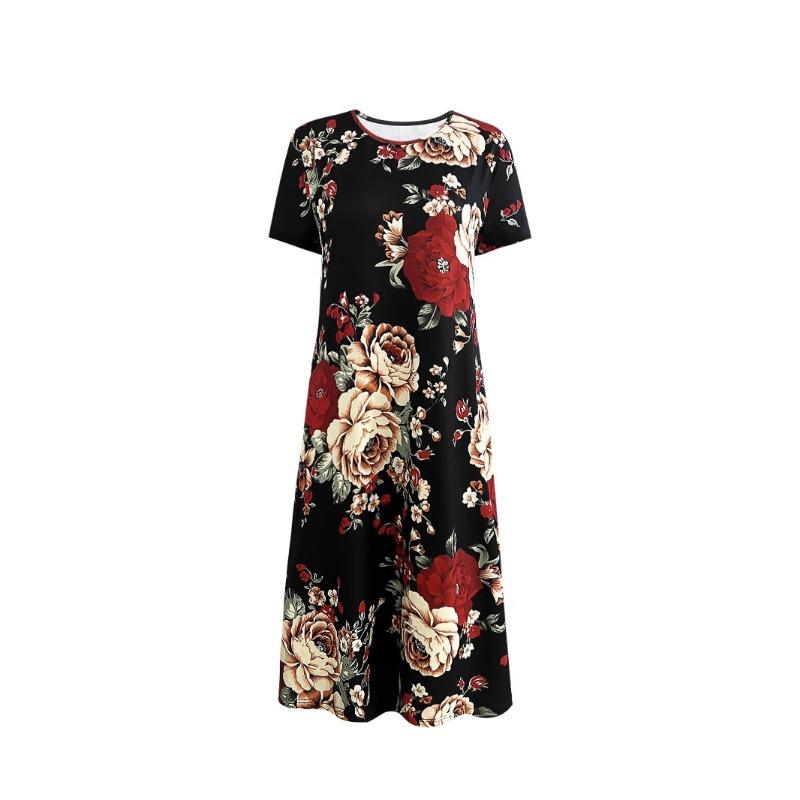 Damen Bedrucktes Kleid Elegant Mode Sommer Rundhals Kurzärmelig Locker