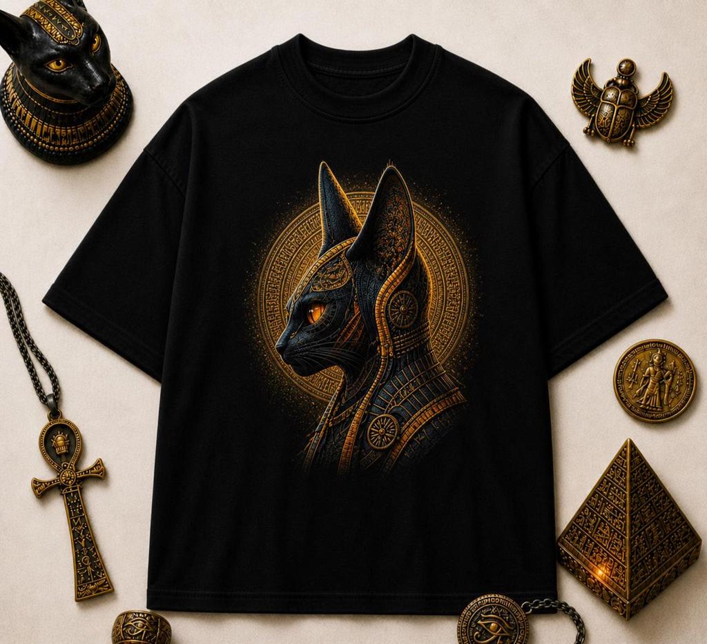 Egyptian Cat Goddess T-Shirt, Anubis Bastet Graphic Tee, Dark Streetwear