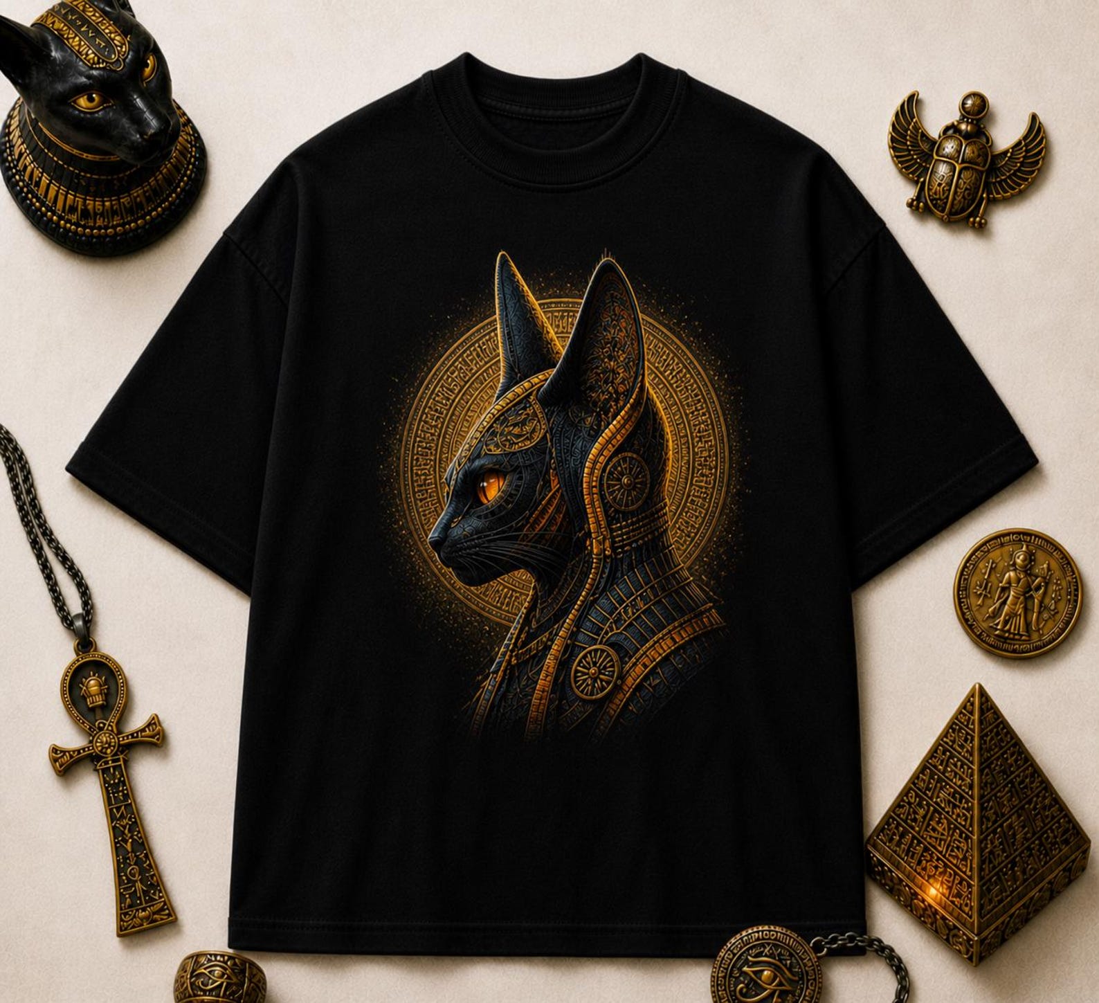 Egyptian Cat Goddess T-Shirt, Anubis Bastet Graphic Tee, Dark Streetwear 3XL