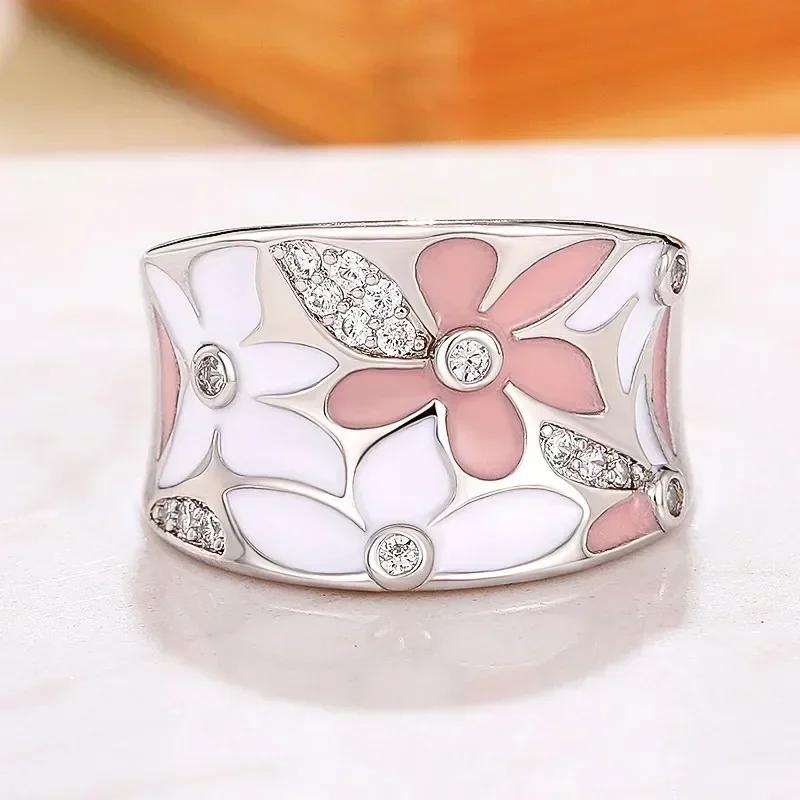 2025 Women's Wedding Party Beautiful Enamel Flower Ring New Silver European and American Style Luxury Zircon Jewelry Gift