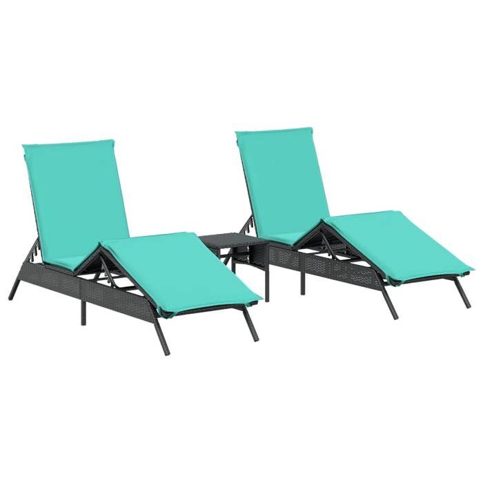 VidaXL Sun Loungers Set of 2 with Table Black Wicker, Sunbed, Garden Daybed, Outdoor Furniture, Chair 4002718