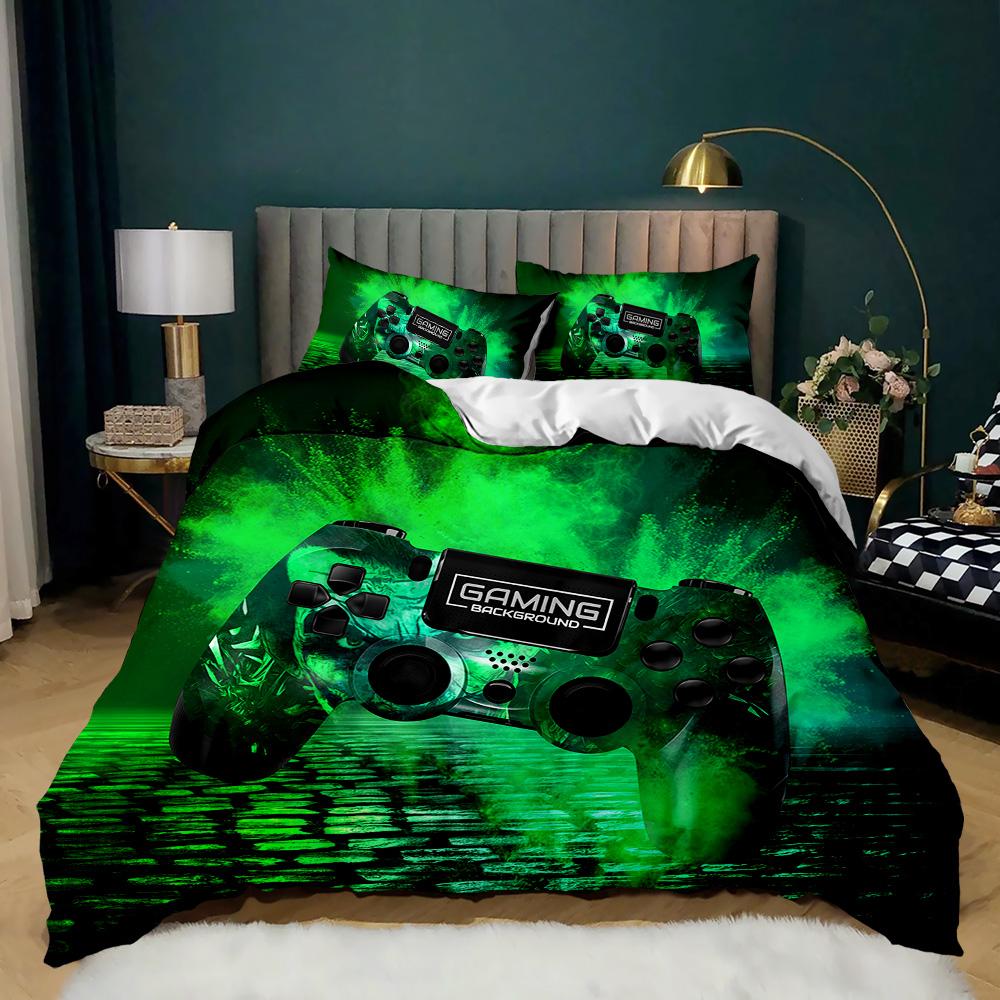 Gamepad Duvet Cover Set Twin King Size Polyester Gaming Comforter Cover Gamer Decor For Teen Boys Green Neon Gamepad Bedding Set