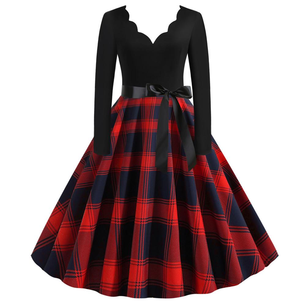 Women's Vintage Midi Dress Long Sleeve Printed Fit and Flare A Line Party Dress