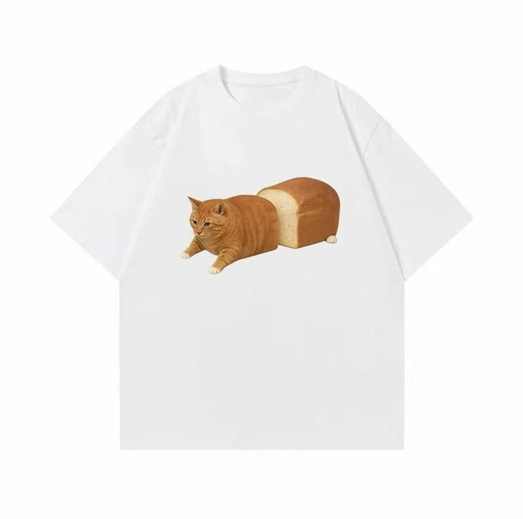 Summer Loose Funny Bread Cat Print Tshirt Unisex Oversized Cotton Short Sleeve Tee Harajuku Streetwear Casual Summer Tops