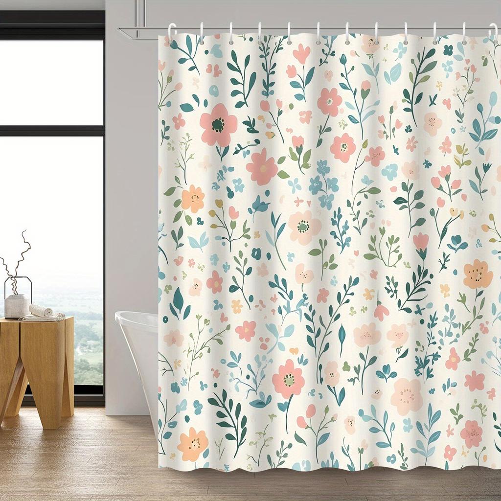 Rural Pastoral Small Flower Plant Shower Curtain, 12 Hooks, Fresh Design Bathroom Decor