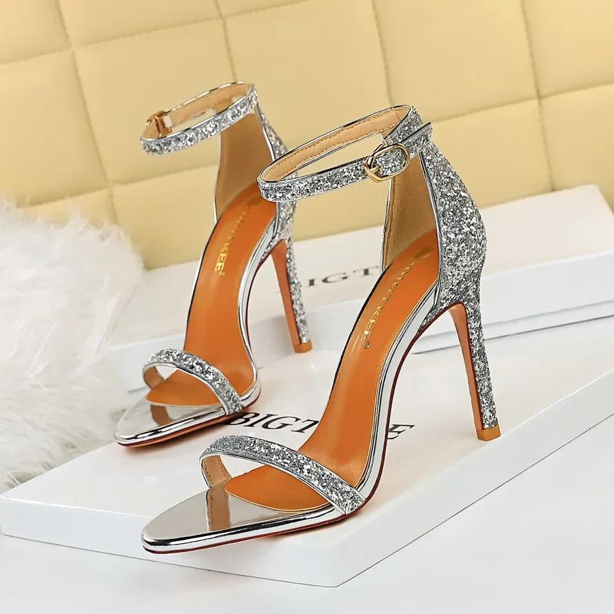 

BIGTREE Shoes Sexy High Heels Women Pumps Sparkle Sequins Stiletto Heels 10 Cm Party Shoes Women Heels Summer Women Sandals New 34 серебряный