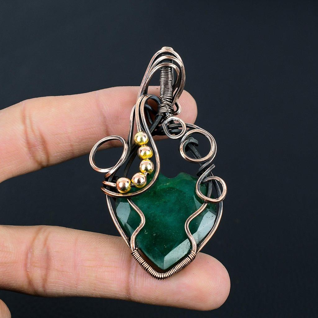 Lab-Created Emerald Gemstone Pure Copper Wire Wrap Handmade Wonderful Jewelry Pendant