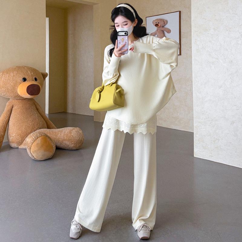 Spring 2026 Korean Style Maternity Knit Batwing Sleeve Patchwork Skirt Set M