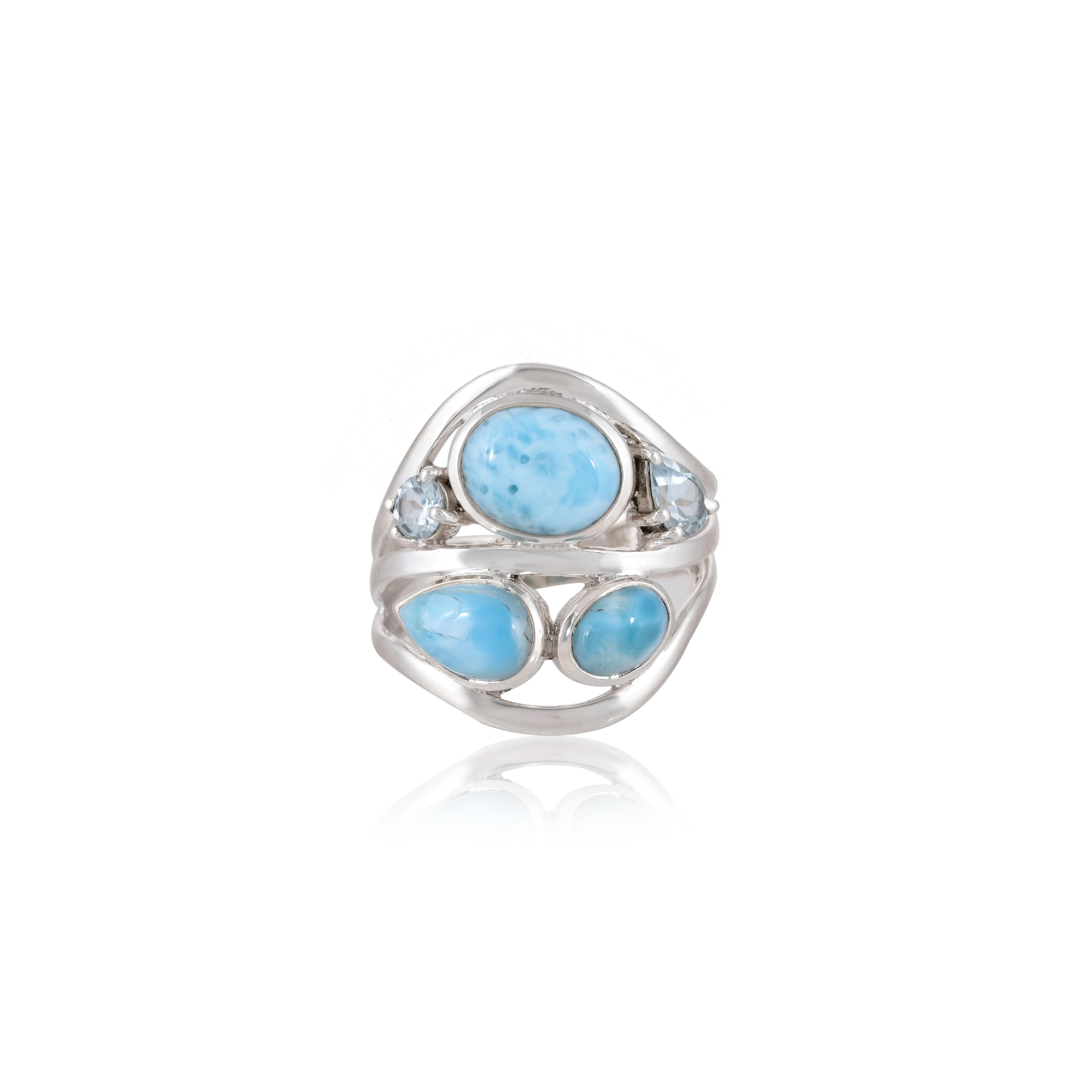 

925 Sterling Silver Larimar & Blue Topaz Statement Ring – Handmade Ocean-Inspired Gemstone Jewelry, Girl s Blue Ring US 9