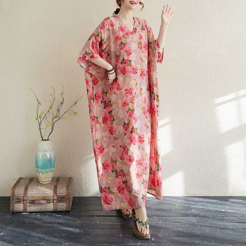 Summer Color Travel V-neck Retro Long Skirt Cotton Linen Dress
