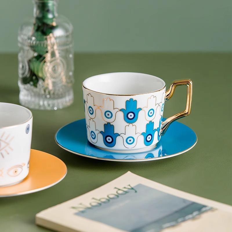 Juego de Taza de Café y Té de Cerámica con Platillo, Moda Europea Azul Ojo Maligno, 250ml, para Té de la Tarde en Casa