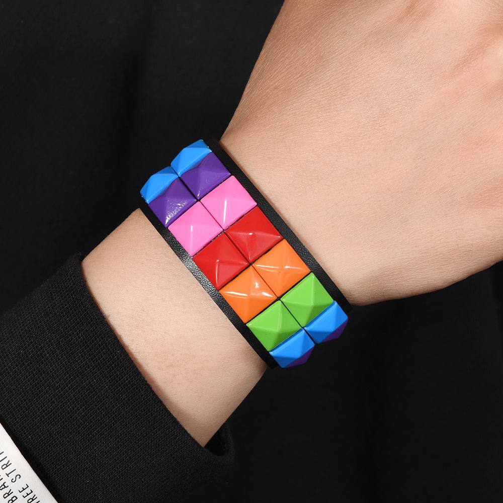 Hip Hop Rock Wide Wrap Bangle Hand Rainbow Color Block Spiked Bracelet for Men Women Punk Rivet Leather Cuff Bracelets