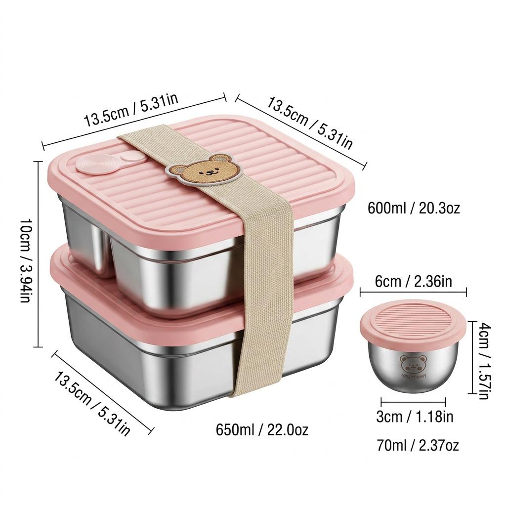 Reusable Bento Lunch Box For Students 304 Stainless Steel Fruit Salad Food Container With Sauce Box Dishwasher&Microwave Safe