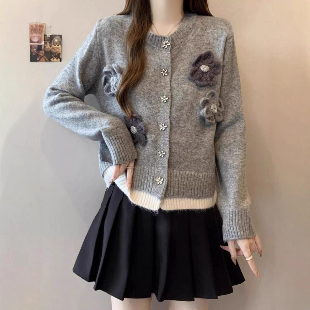 Gray Soft Waxy Knitted Cardigan Sweater Jacket Women's Design Sense Niche High Sense Temperament Top Small Short