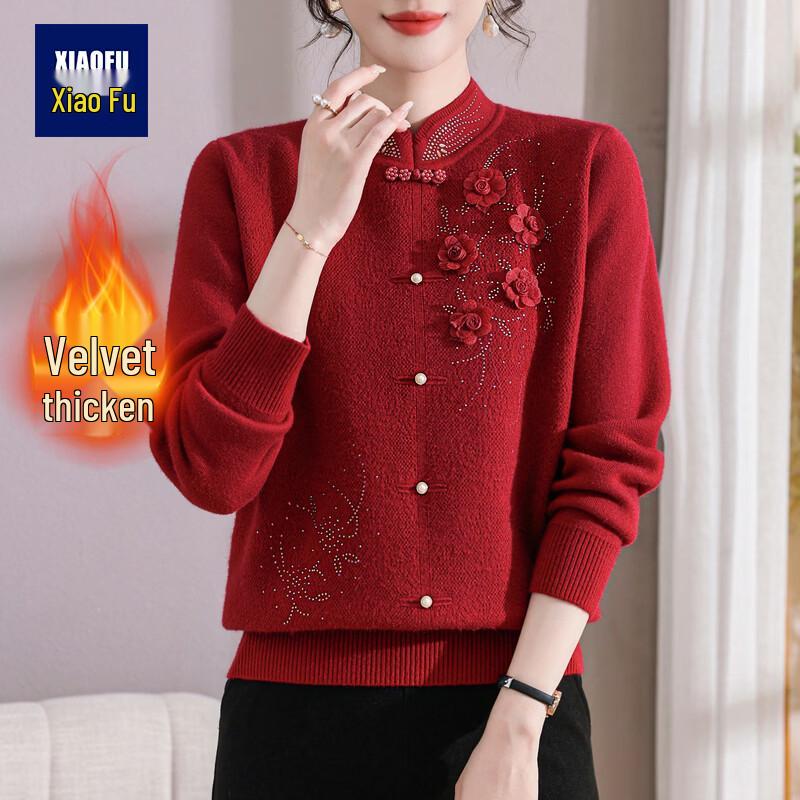 New Chinese Style Fleece-Lined Winter Sweater for Middle-Aged Women