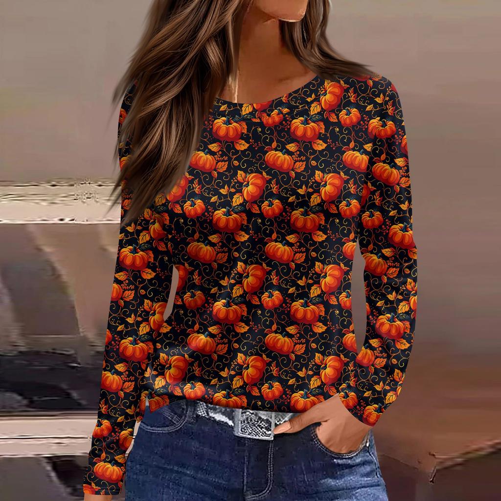 Damenmode Saumschlitz Lässig Halloween-Print Rundhals Langarm Oberteil