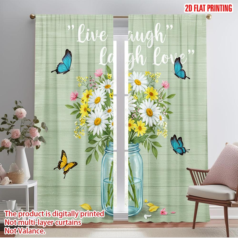 

2pcs 2D flat printing Window Treatment Curtains Live Laugh Love Daisies Butterflies Polyester Without Electricity Birthday Party 52.50×116.00 CM 2pcs