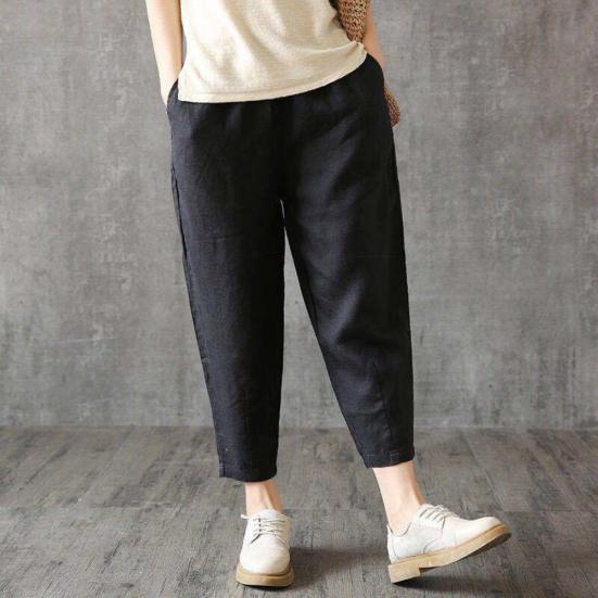 Women Spring High Waist Solid Color Pockets Loose Trousers Ninth Harem Pants