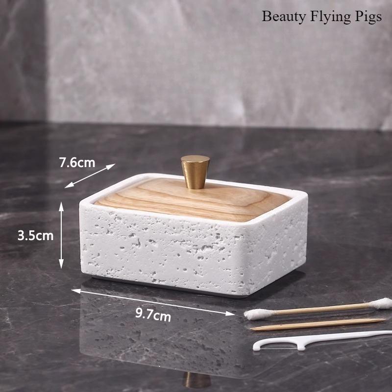 

1pc Stone Toothpick Box with Wooden Lid Dental Floss Box Cotton Swab Storage Box Living Room Desktop Utensils Home Accessories