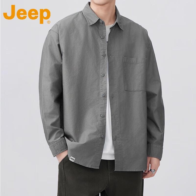 JEEP Men's American Style Loose Fit Pure Cotton Long Sleeve Lapel Shirt