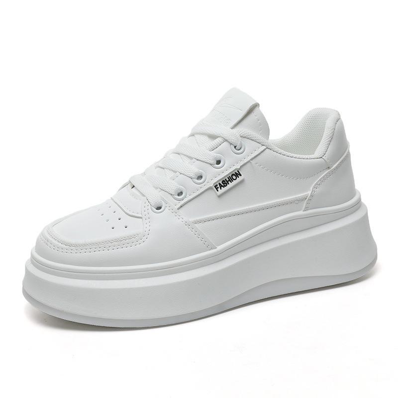 Women's Platform White Sneakers Casual Lace-up Leather Chunky Shoes All-match Height Increasing Footwear