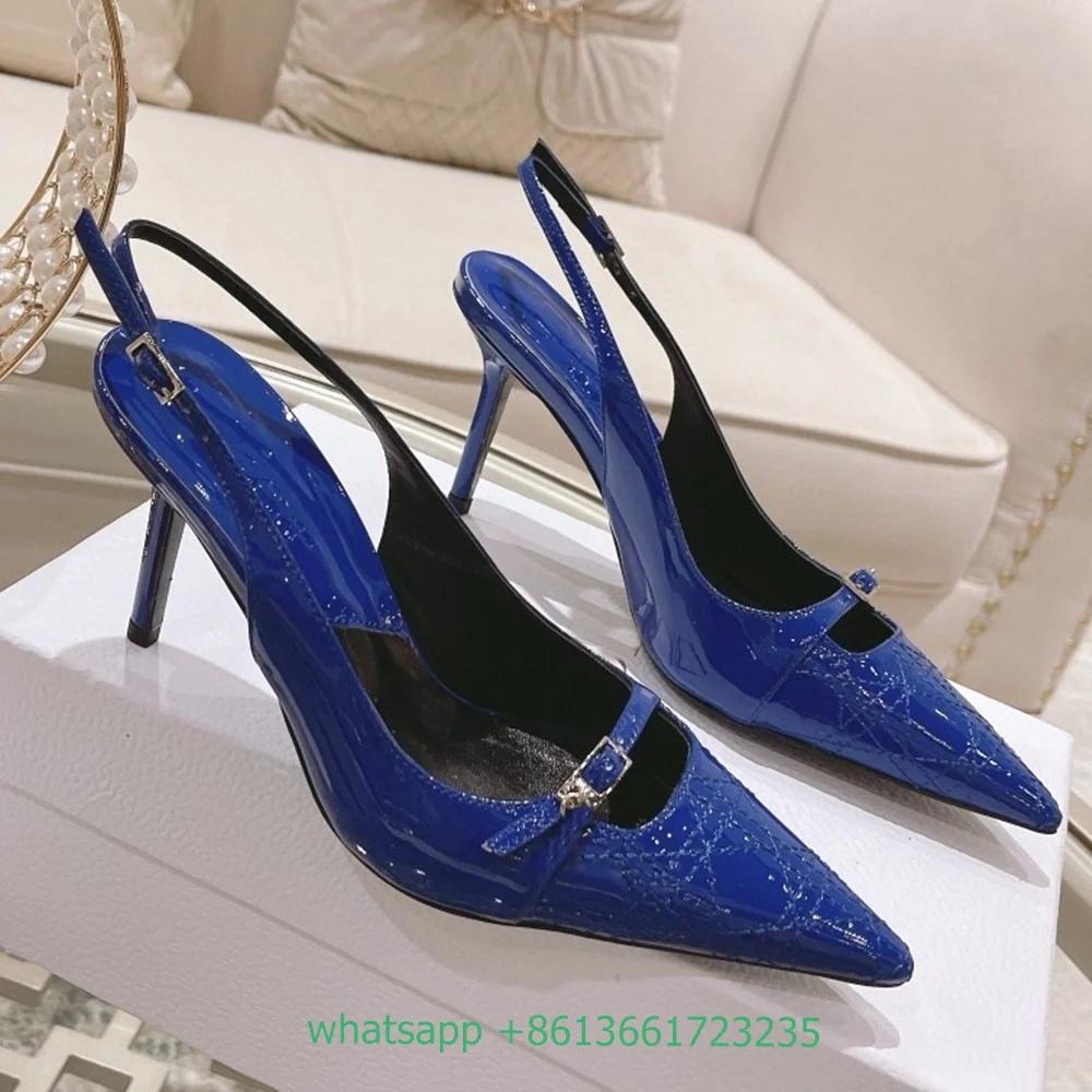 Women Summer Pointed Toe  Pumps Buckle Shallow Stiletto High Heels Back Strap Slip On Sandals Sexy Shiny Leather Shoes