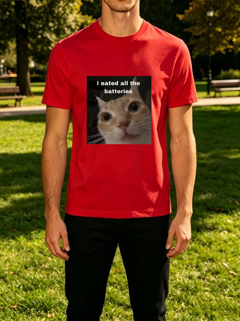 Funny I Ate All The Batteries Cat Meme Graphic Unisexs Crew Neck Short Sleeve Tee Casual Street Soft Daily Basic Wear Top
