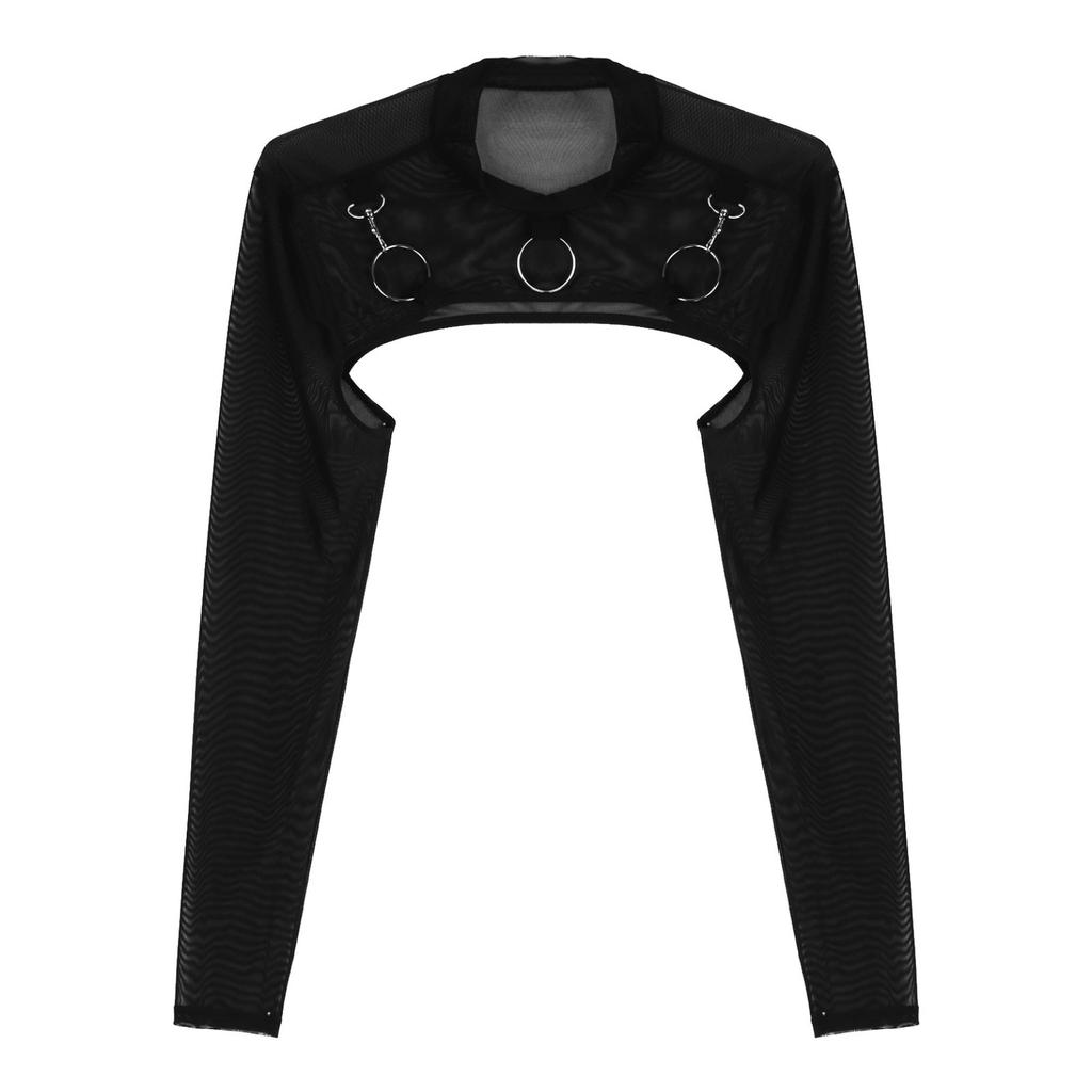 Men Mock Neck Long Sleeve T-Shirt See-Through Mesh Half Crop Top Party Clubwear