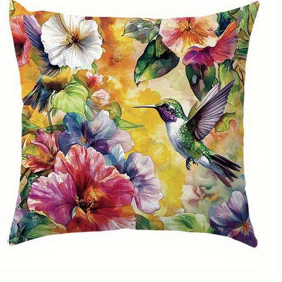 Home Decor Colorful Watercolor Floral And Hummingbird Pillows Pattern Cushion Cover Suitable For Sofa Bedroom Car Pillow Cover
