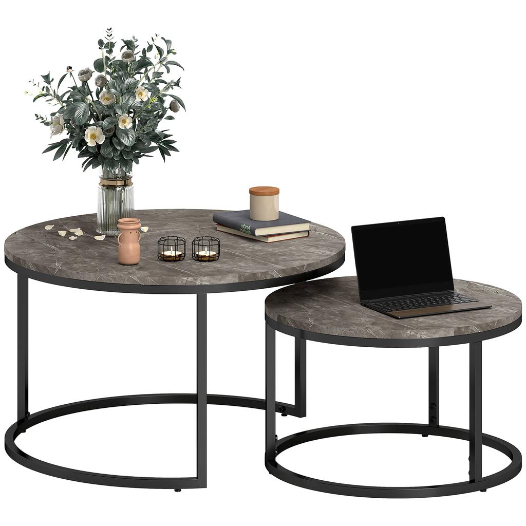 Industrial Nesting Coffee Table Set Of 2 Round Coffee Tables Living Room Table With Faux Marbled Top And Steel Frame