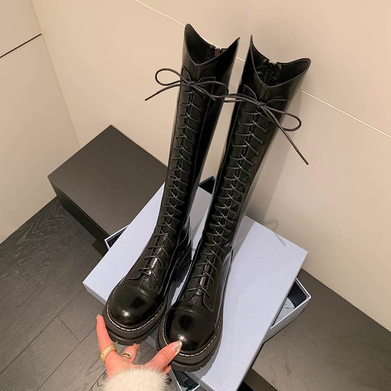 Krazing Pot Buty Jesienno-Zimowe ze Skóry Naturalnej Europejski Design Średnie Obcasy Kozaki Jeździeckie Kobiety Utrzymują Ciepło Kozaki do Uda