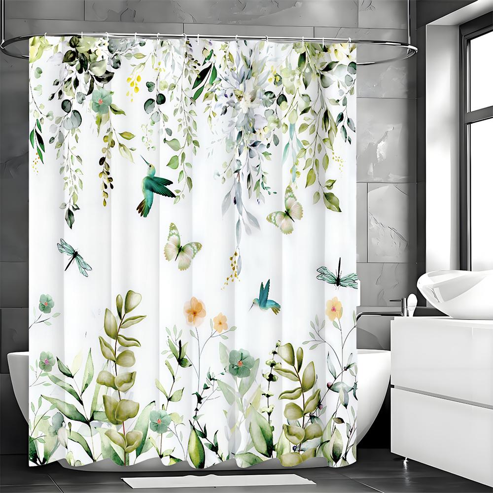 Green Leaf Shower Curtain Spring Botanical Floral Leaves Farm Animals Wildlife Butterflies and Hummingbirds Dragonflies Rustic N