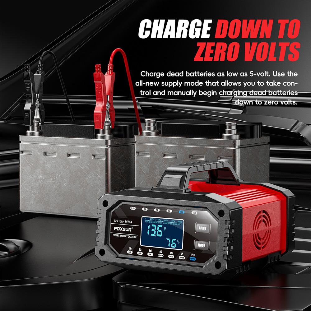 12/24V 15A Smart Battery Charger 10- Stage Charger Protect for LiFePo4 Wet Deep-Cycle Battery Usage
