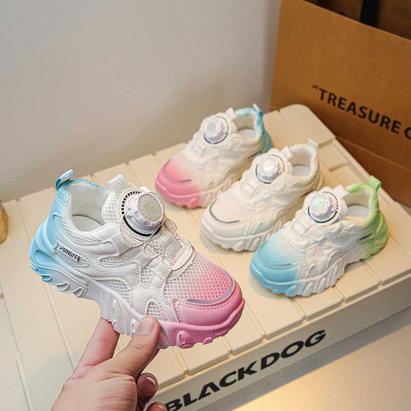 Girls' sneakers 2025 new boys' little white shoes rotating button casual dad shoes children's breathable mesh shoes tide