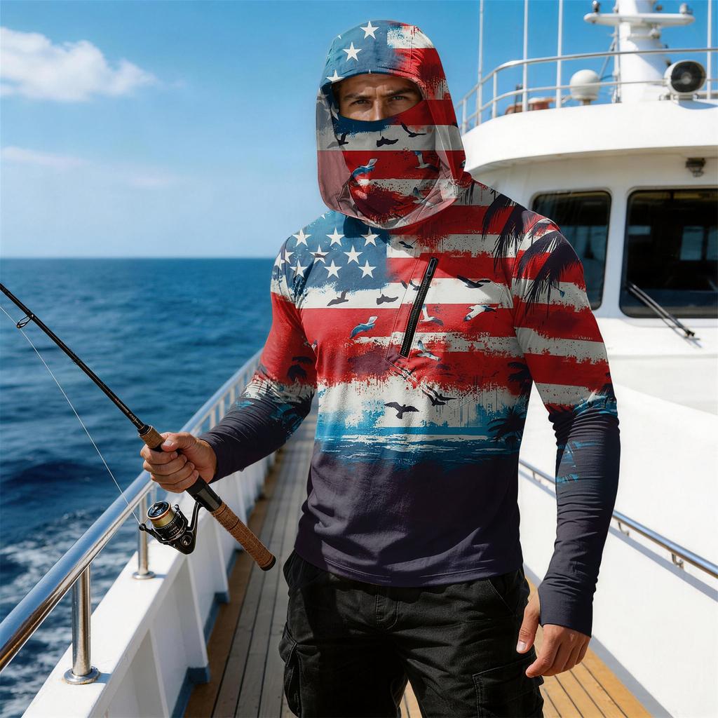 Men’s Casual Hooded Long Sleeve Sun Protection Top with Independence Day Themed Print and Front Zipper Pocket Design