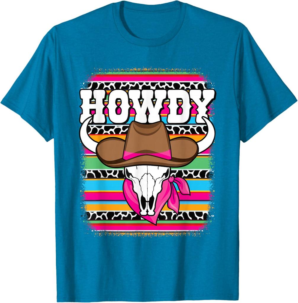 Howdy Cow Skull Western Rodeo Graphic Tee Breathable Short Sleeve Casual T-Shirt for Women