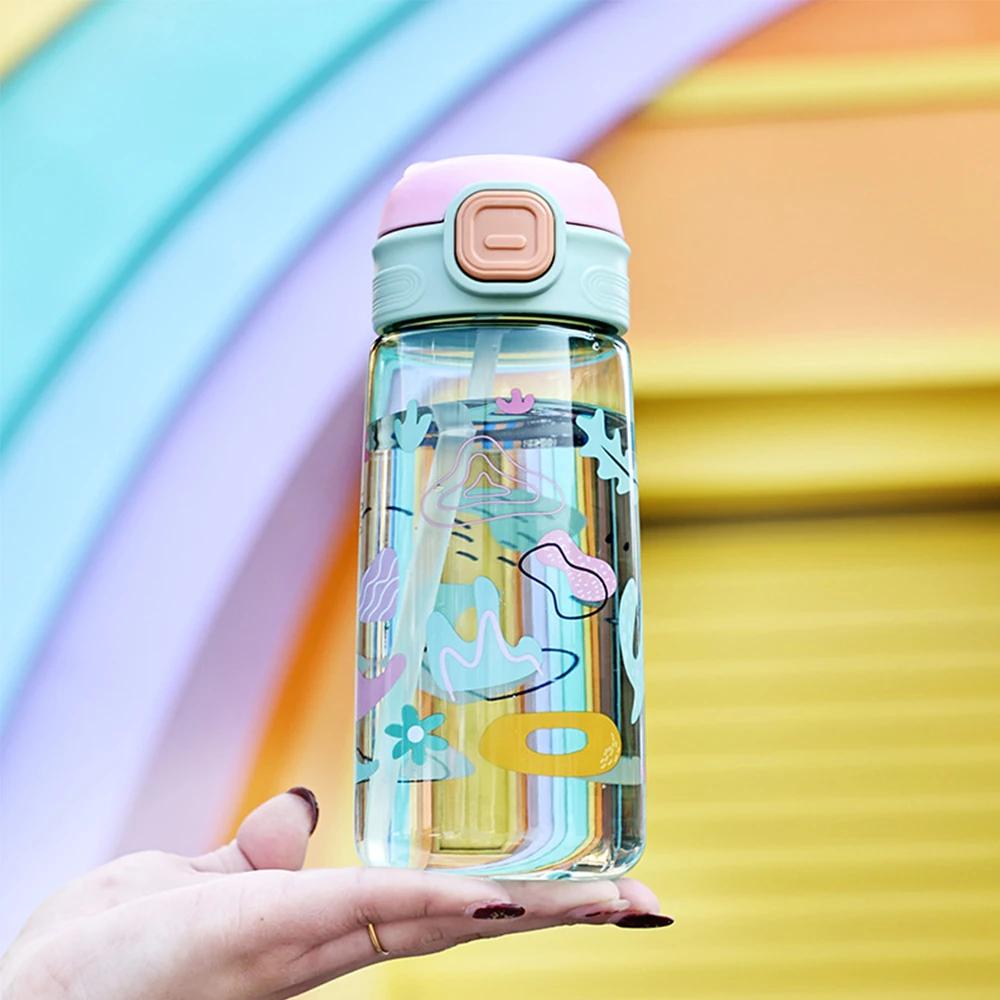 600ML Childrens Water Bottle With Straw Cute Kids Water Sippy Cup Outdoor Portable Cartoon Water Bottle for Children School Boba
