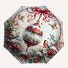 1pc Christmas Wreath with Snowy Berries and Birds, Automatic Opening Umbrella, Portable 3-Fold Design, 8-Bone Iron Frame Outdoor Umbrella, Festive Gif