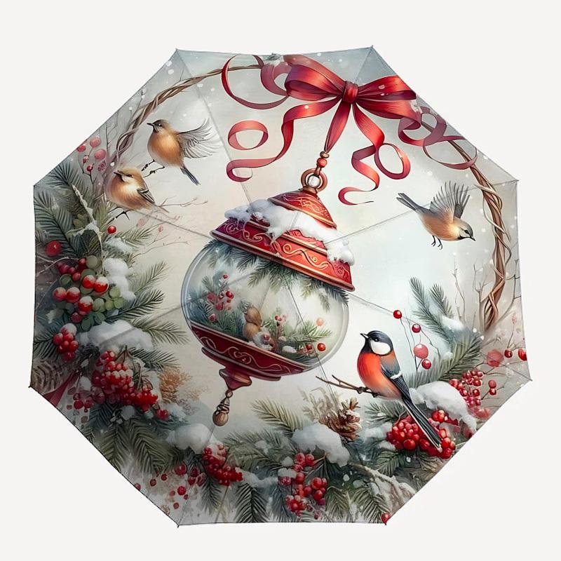 1pc Christmas Wreath with Snowy Berries and Birds, Automatic Opening Umbrella, Portable 3-Fold Design, 8-Bone Iron Frame Outdoor Umbrella, Festive Gif
