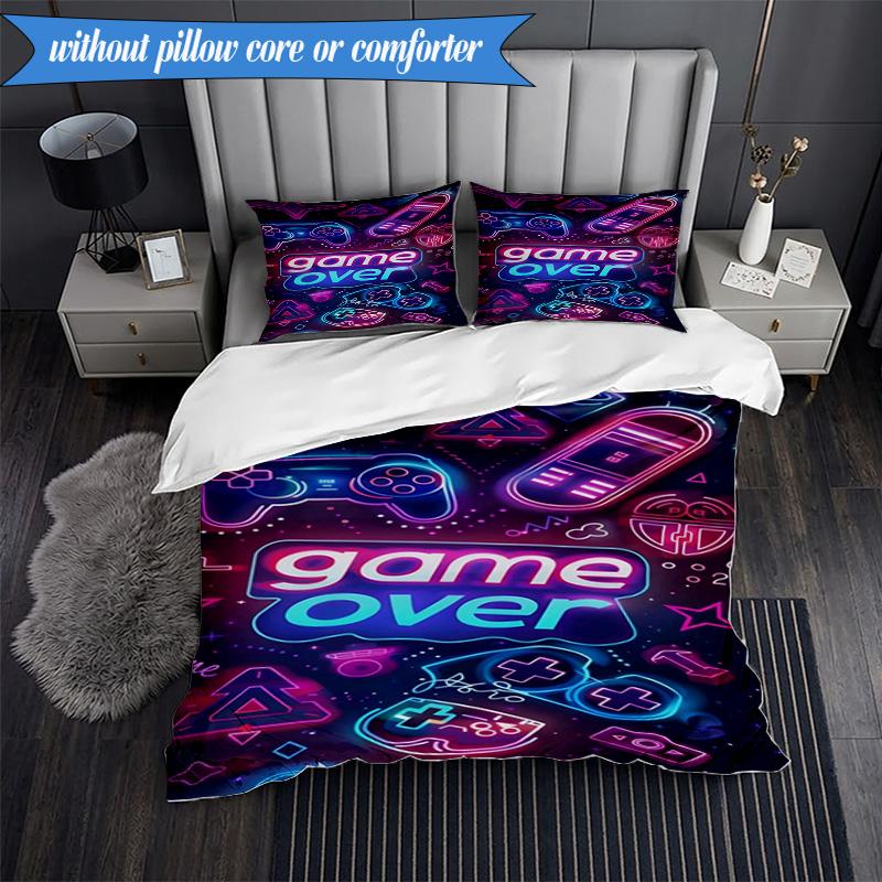3PCS Neon Game Over Art Bedding Set,Including 1pc Duvet Cover And 2pcs Pillowcases Perfect for Bedroom, Dormitory, Fan Christmas Gift