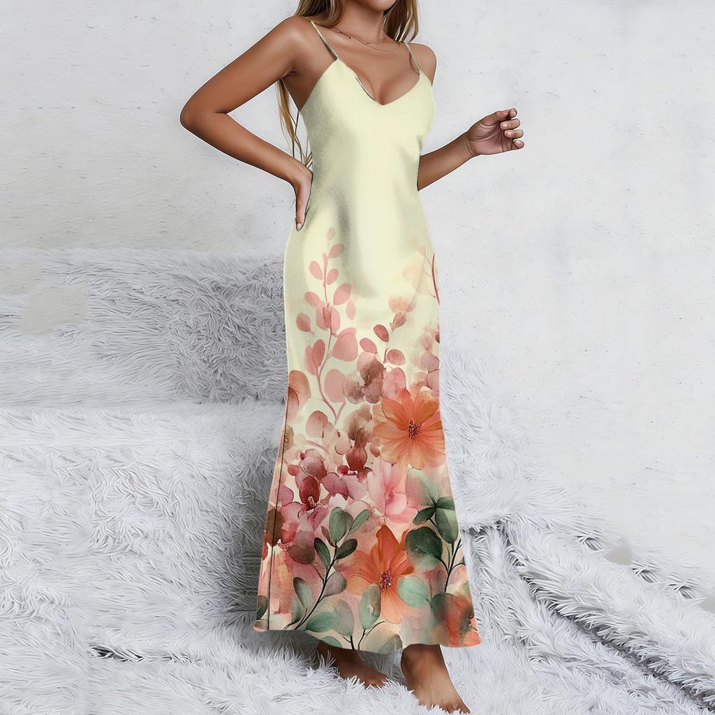 Ladies' floral nightgown sexy suspender nightgown slit sexy thin home outfit