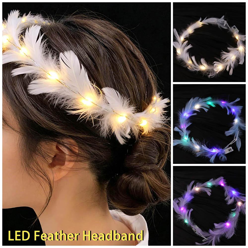 Glow White Feather Luminous Garland Christmas Women Hairband Sweet LED Feather Headband Concerts