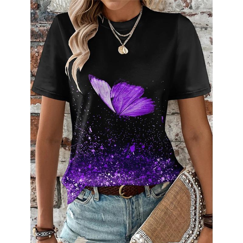Summer Women's T Shirt Animal Weekend 3D Print Butterfly Graphics Light Green Short Sleeve Tee Fashion Round Neck Tops