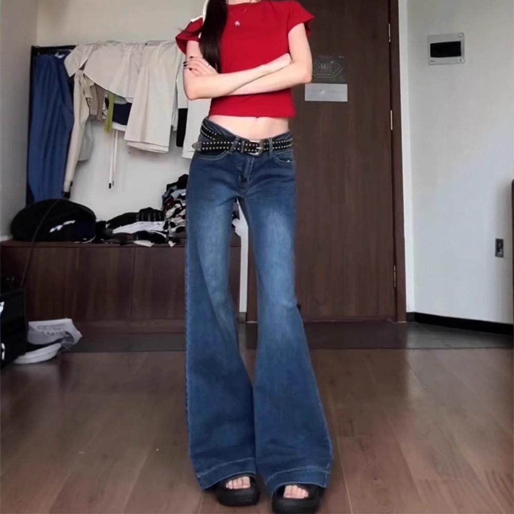 American Spicy Girl Low-Rise Dark Blue Women s Retro Wide-Leg Micro-Flare Jeans S