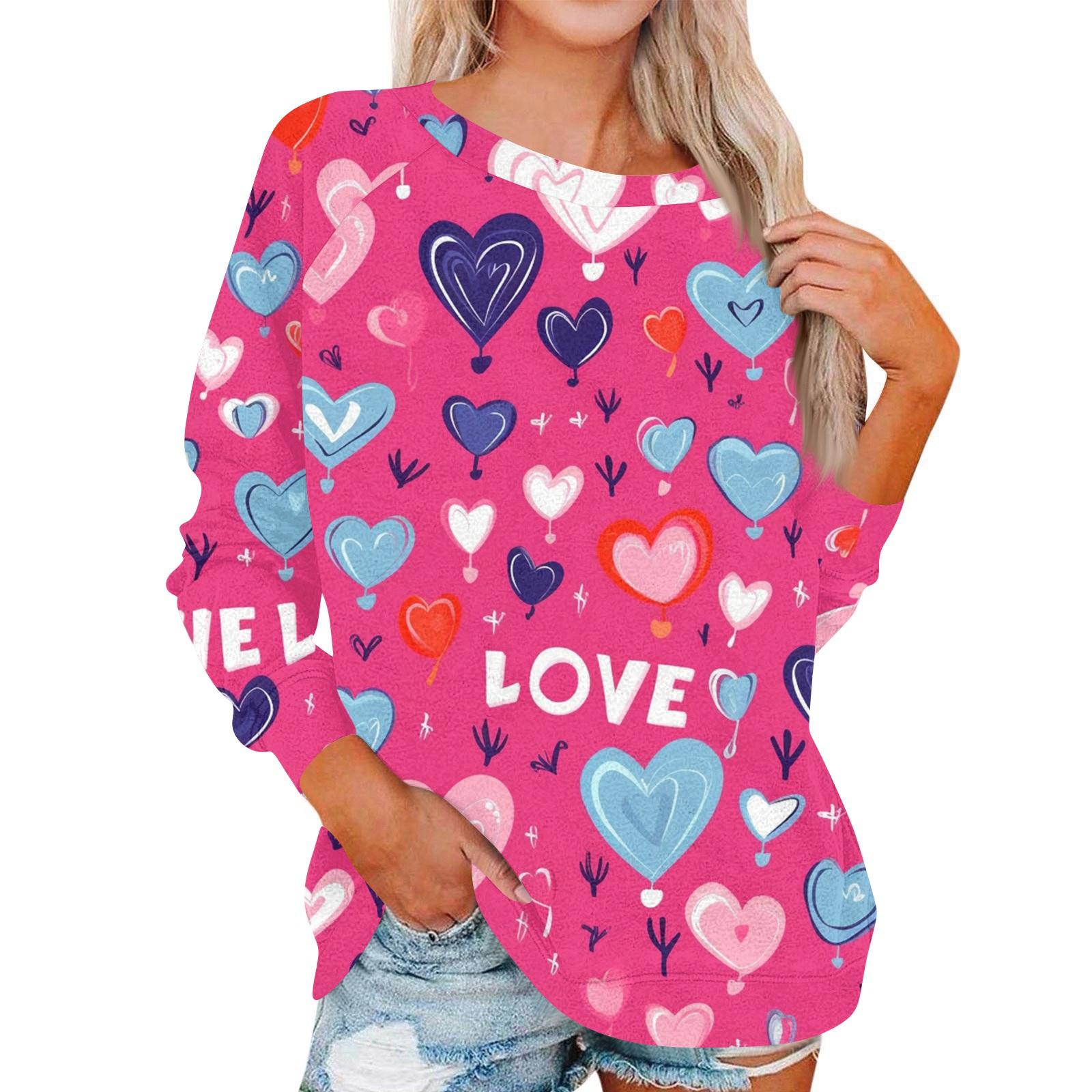

Women s Fashionable Round Neck Shoulder Long Sleeved Valentine s Day Printed Casual Pullover Top XL