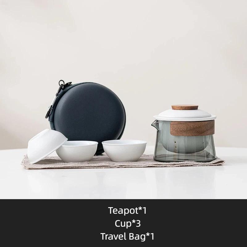 Portable Travel Tea Set with Bag – Ceramic Teapot and 3 Cups for Outdoor Camping & Home Brewing